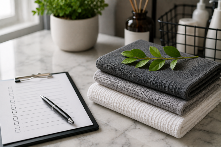 Notebook and folded towels representing transparent cleaning service pricing