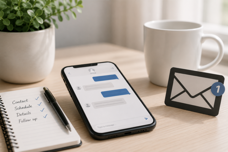 Phone and notebook representing clear communication with cleaning clients