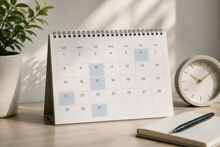 Calendar and clock representing attention to detail and reliable cleaning