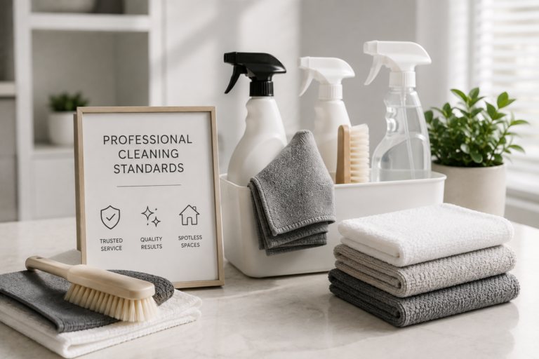 Professional cleaning supplies and folded towels