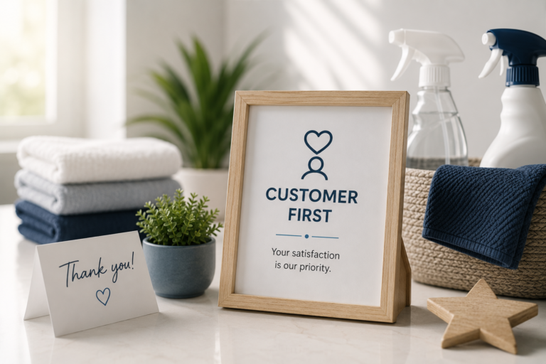 Customer satisfaction display with cleaning supplies and folded towels