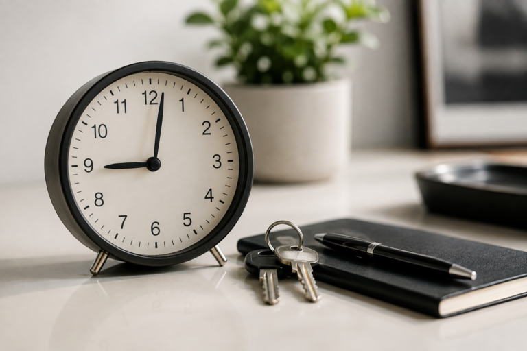 Clock and keys representing reliable and on-time cleaning service